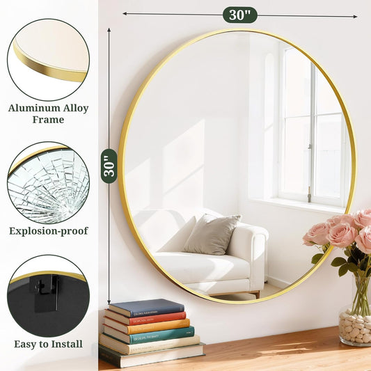 Round Wall Mirror 30 Inch Gold Vanity Mirror with Metal Frame