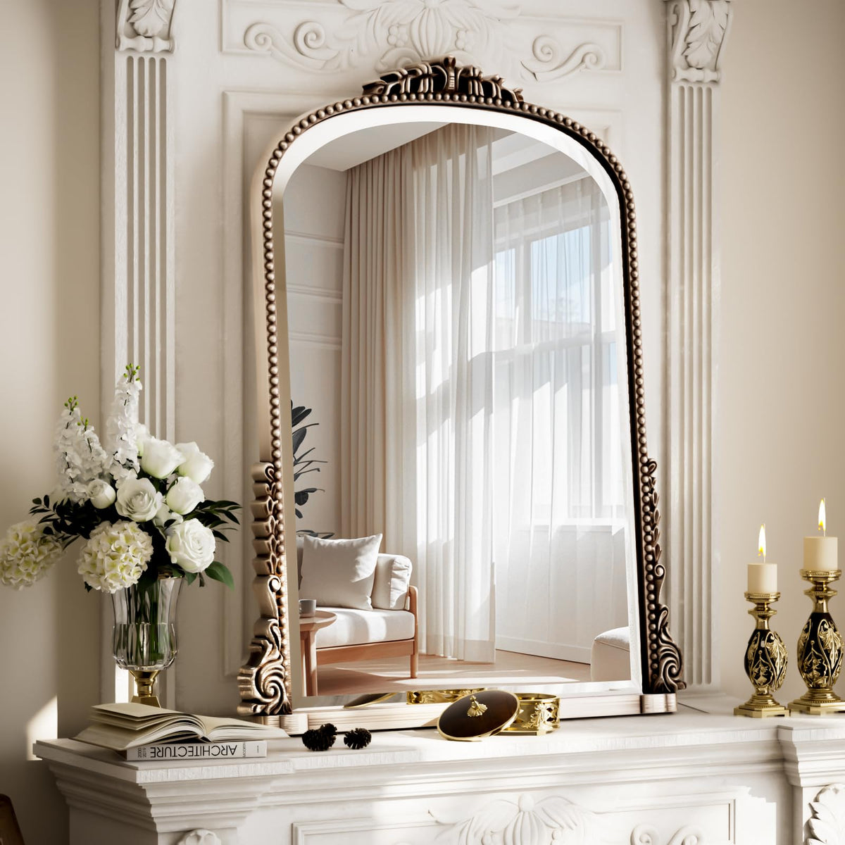 24"×32" Gold Arched Wall Mirror with Vintage Carving