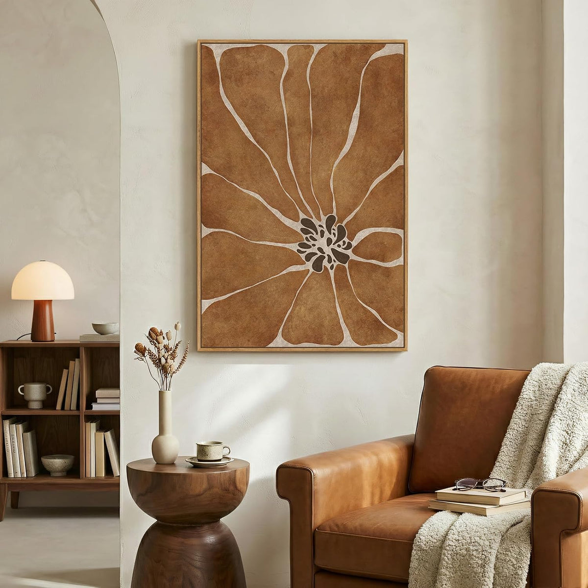 Large Framed Boho Abstract Brown Floral Wall Art for Living Room, 24x36 In