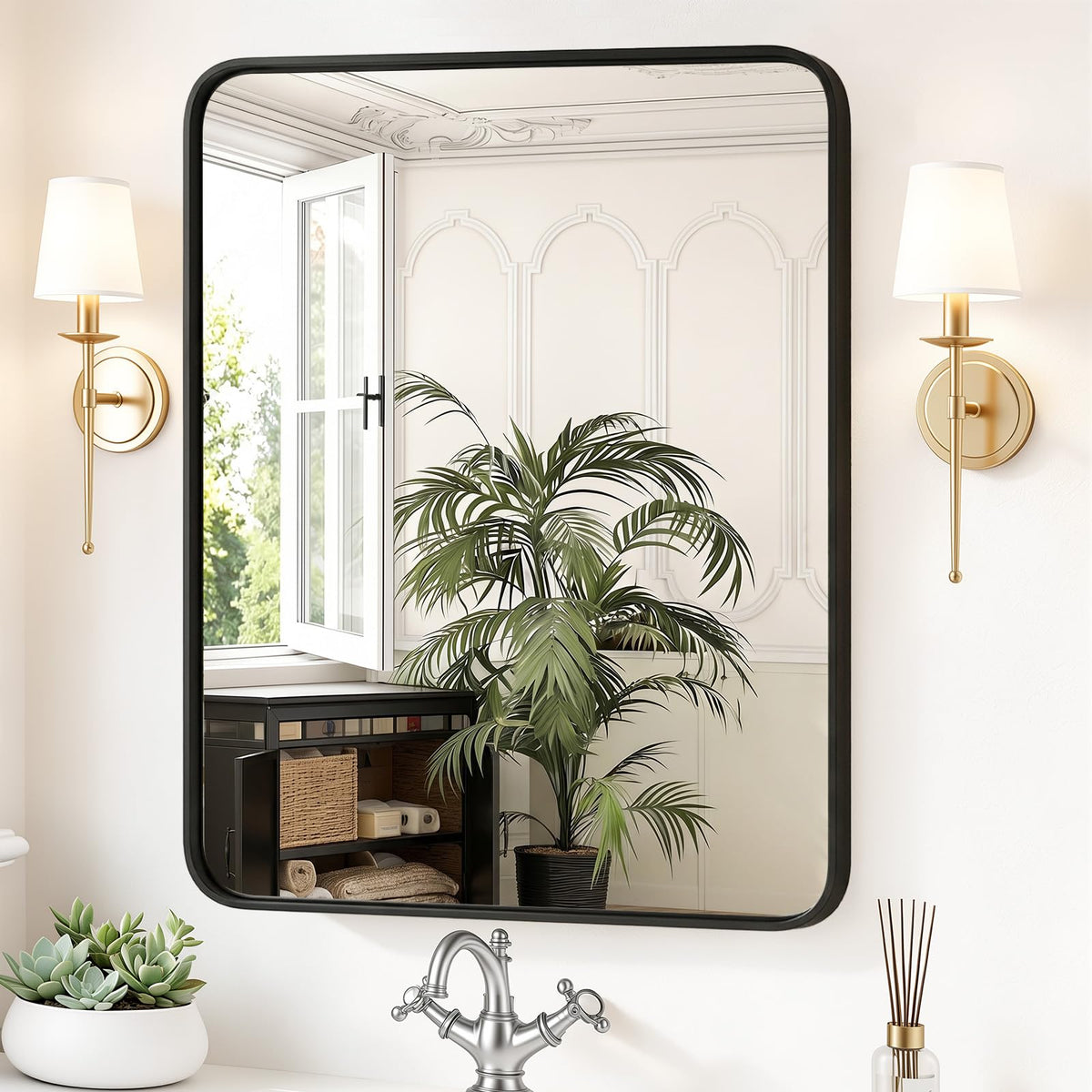 Sweetcrispy Bathroom Wall Mirror, 36x24 Inch Mirror for Over Sink, Black