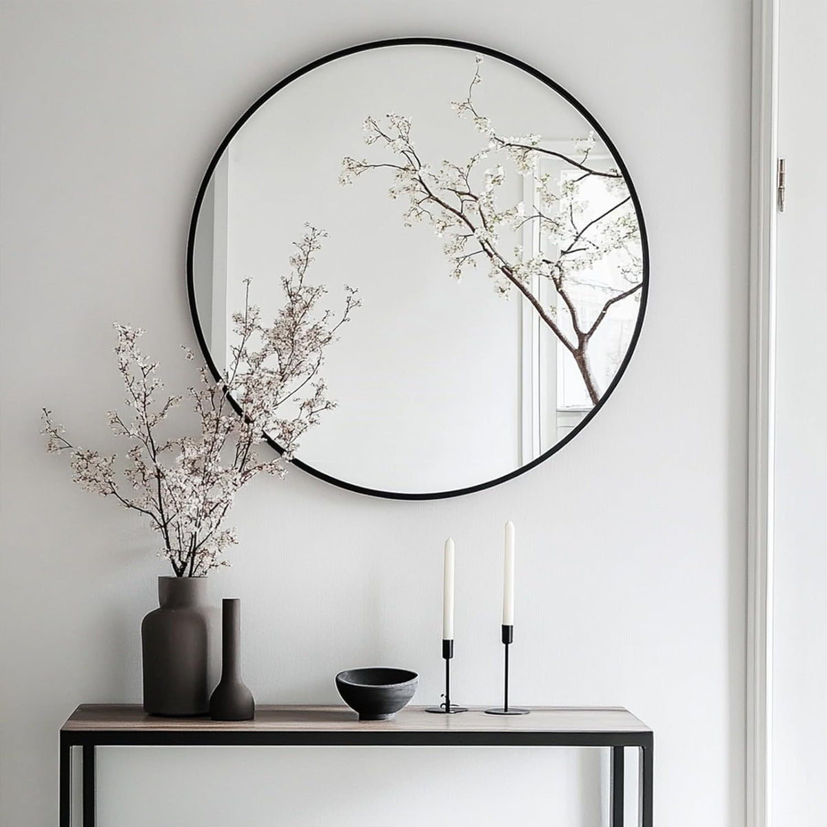 Oruii Round Mirror, 24 inch Black Circle Mirror, Matte Black Metal Frame