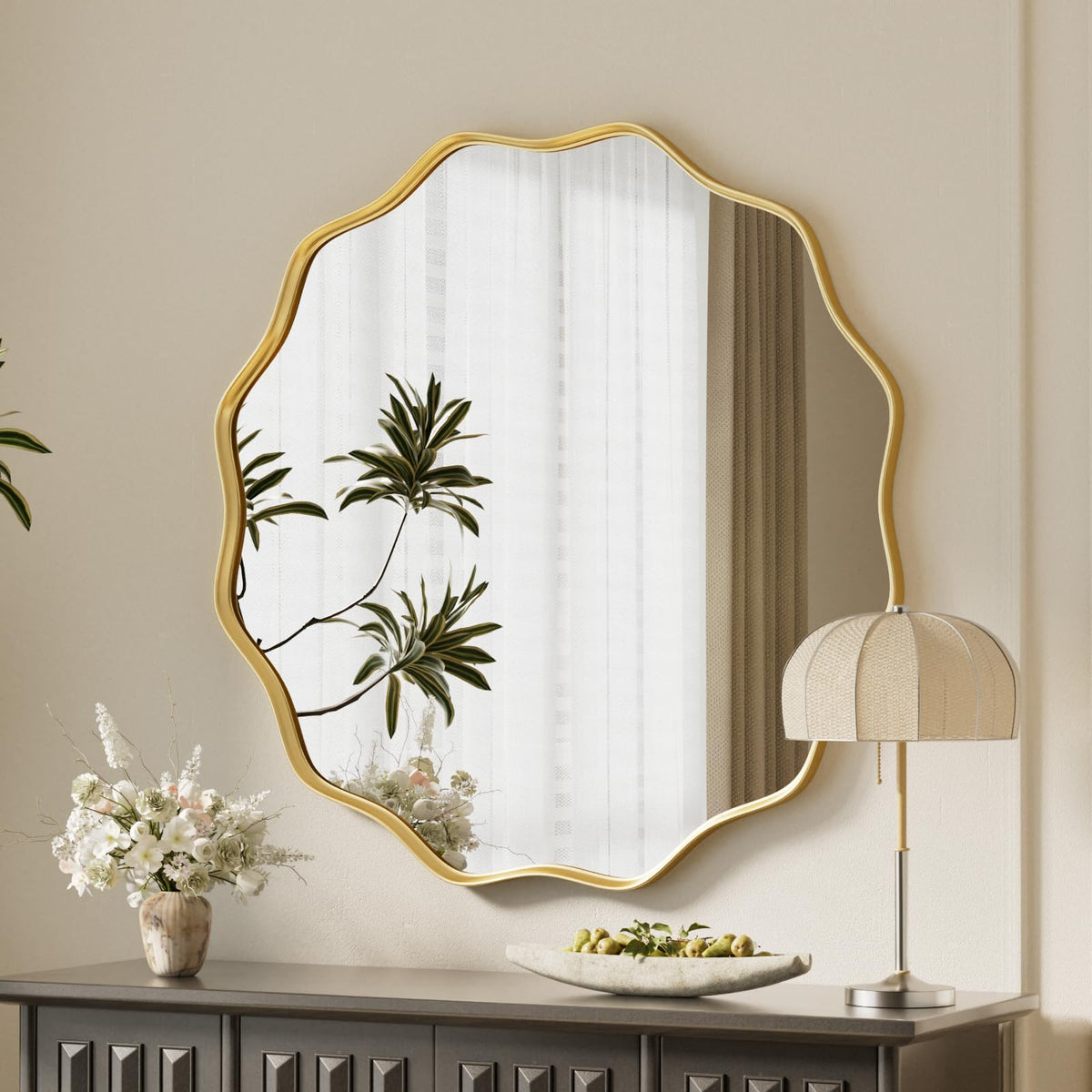 VooBang Gold Scalloped Circle Mirror, 24" Wavy Edge Round Wall Mirror