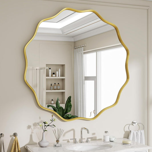 Wavy Round Mirror, 30" Scalloped Metal Frame Gold Circle Mirror