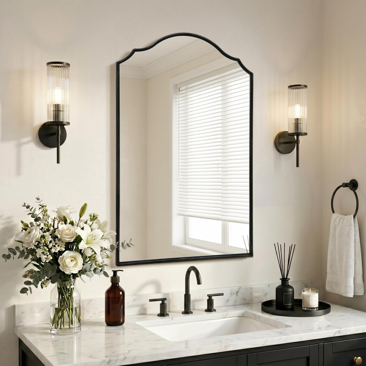 Besdomus Black Scalloped Wall Mirror: 40"x29" Large Wooden Bathroom Mirror
