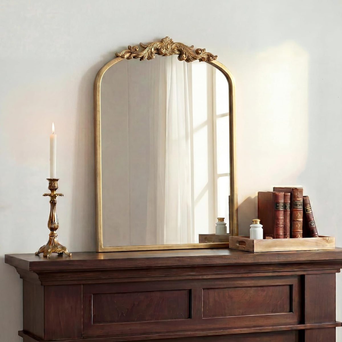 PERFNIQUE Vintage Mirror, 30" X 19" Gold Arched Antique Baroque Mirror