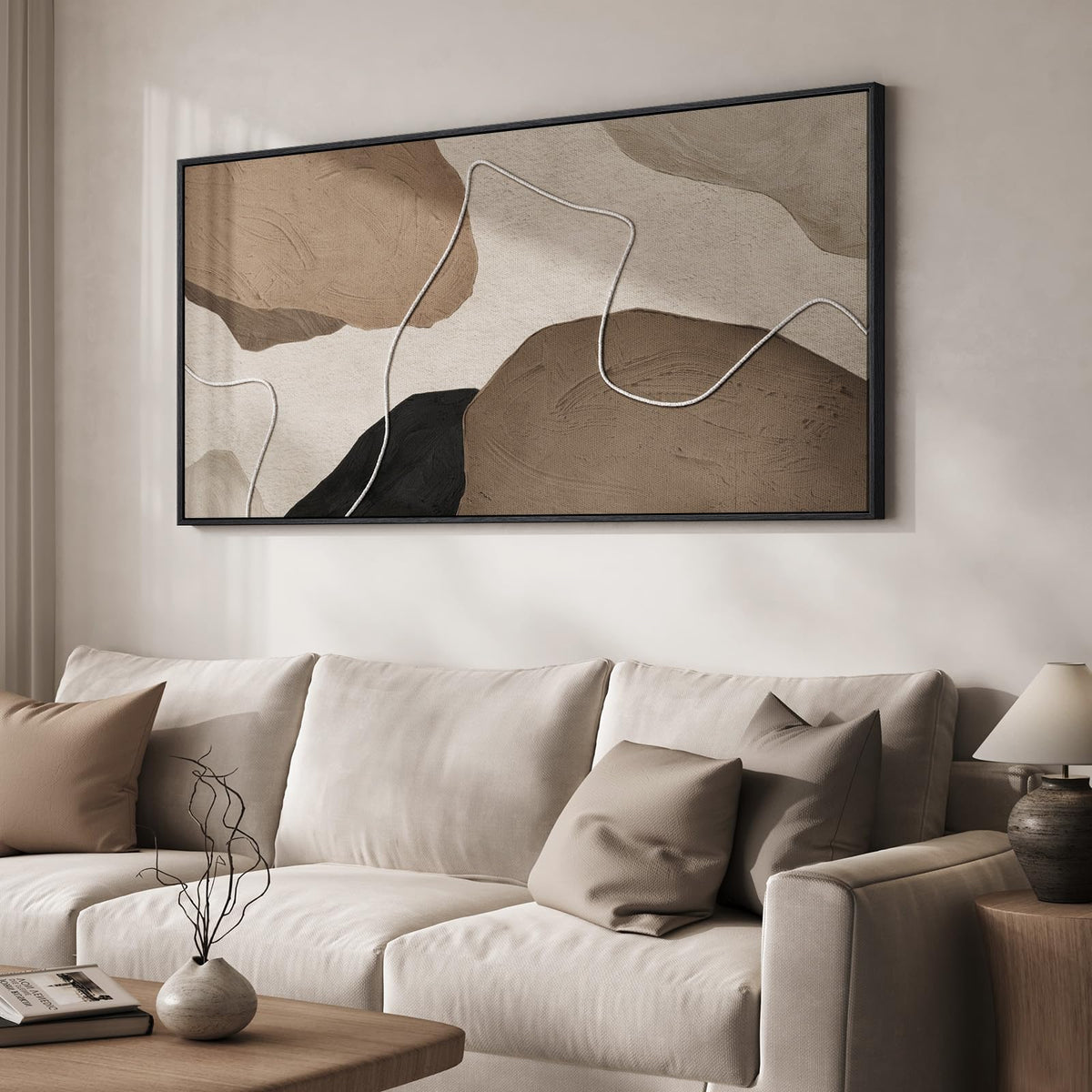 Large Framed Neutral Abstract Wall Art for Living Room, Horizontal 30x60 In