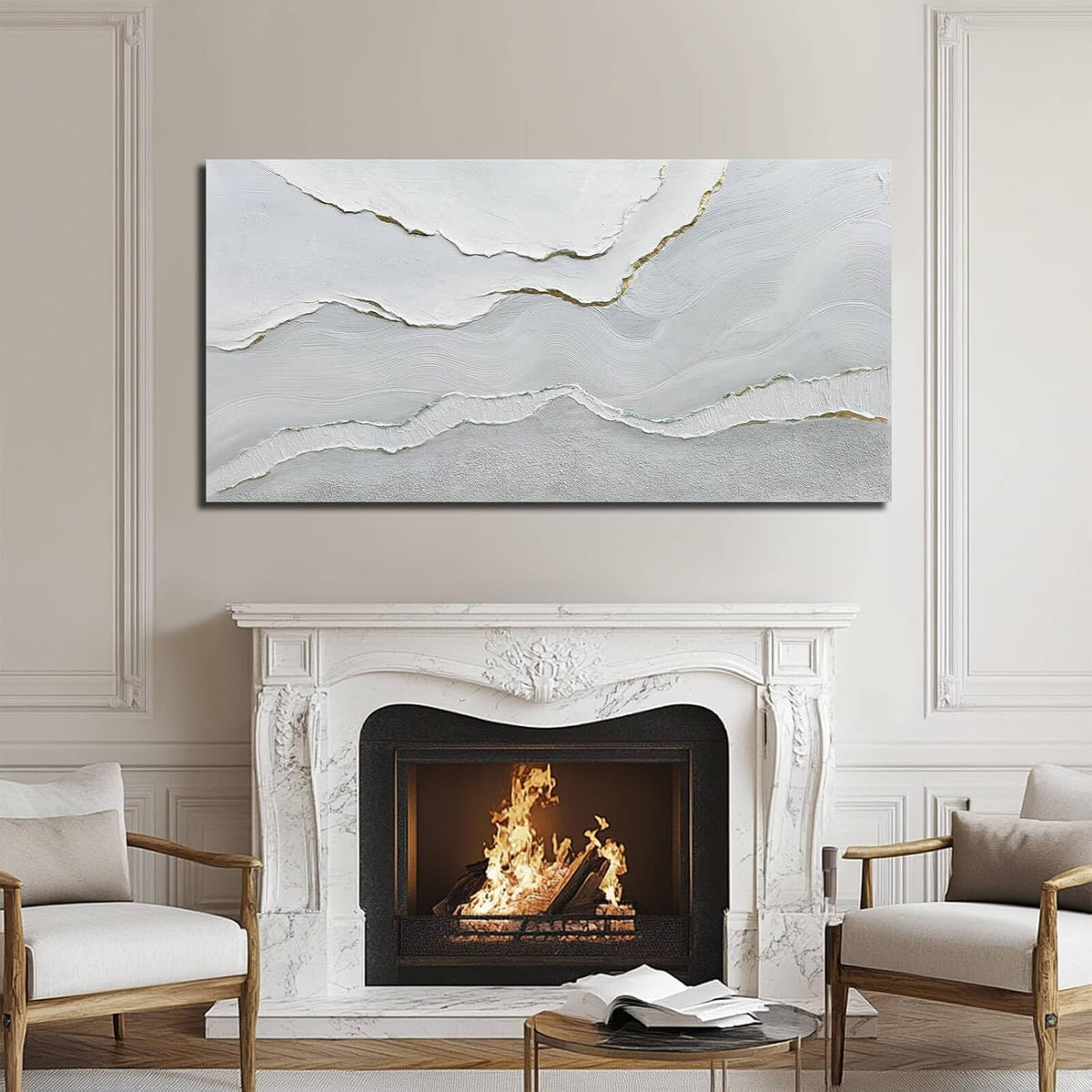 Framed Minimalist Wall Art Large Abstract Wall Decor White Artwork Gold Line Art for Bedroom Canvas Paintings for Living Room Office 29x58 Inch