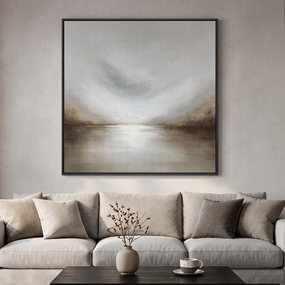 Framed Neutral Brown Abstract Canvas Wall Art for Living Room, 30x30 In