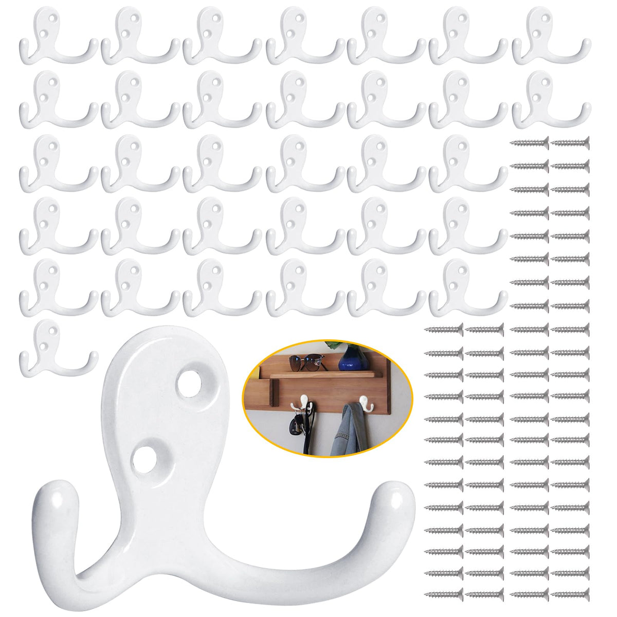 Homanu 14 Pack Black Coat Hooks Wall Mounted Double Prong with 28 Screws