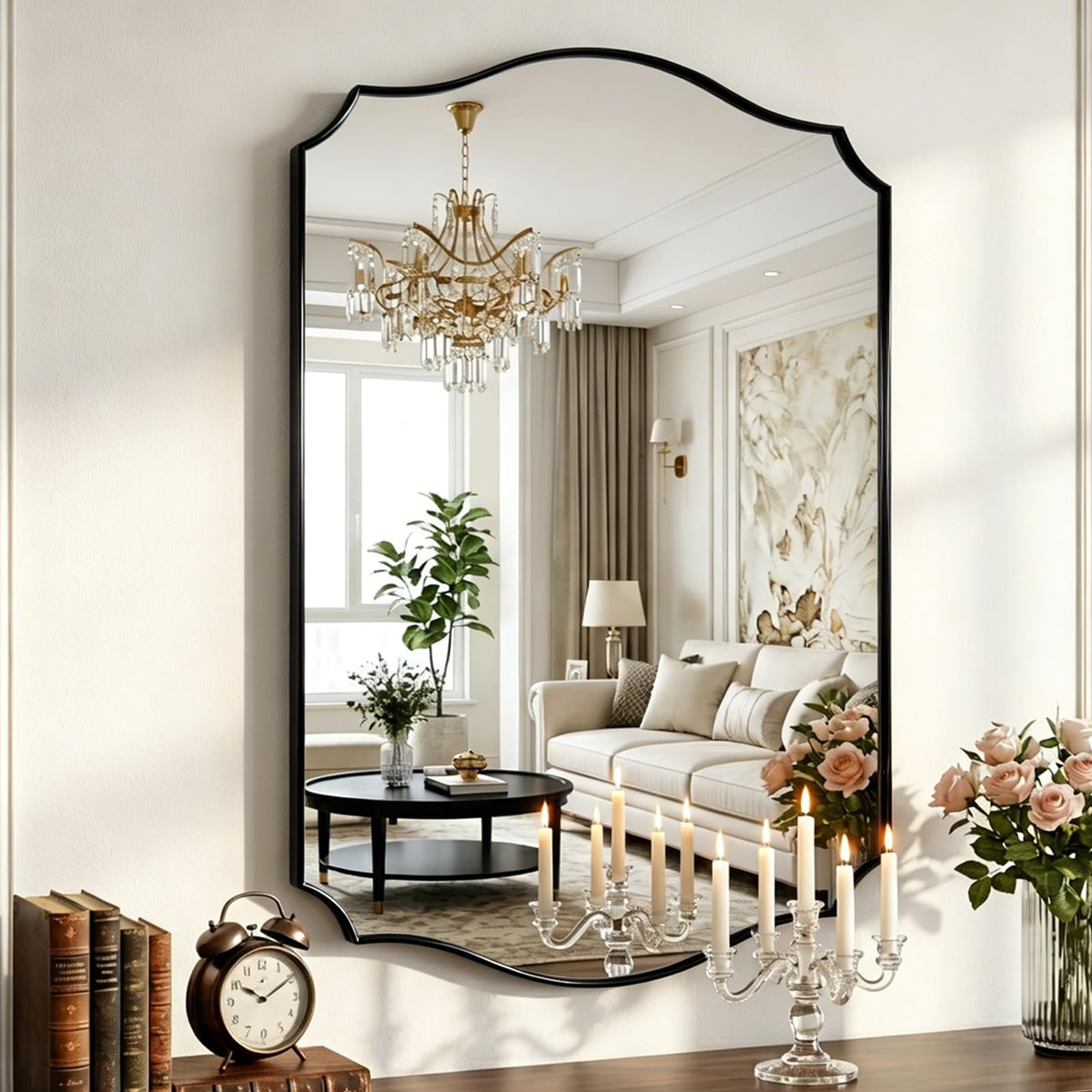 Gold Vanity Wall Mirror 30"x22", Scalloped Edge Bathroom Mirror