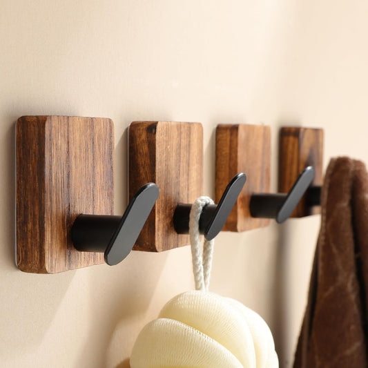 DELITON Towel Hooks for Bathrooms, Wood Decorative Adhesive Hanging Hook