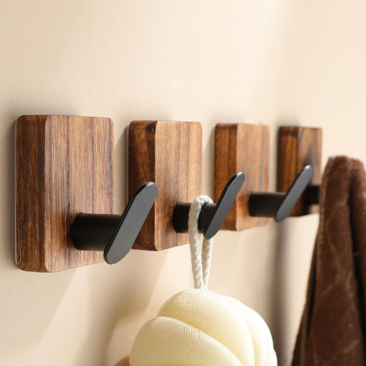 DELITON Towel Hooks for Bathrooms, Wood Decorative Adhesive Hanging Hook