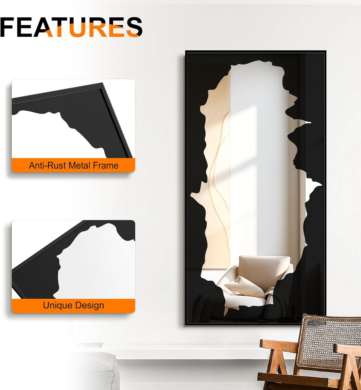 Full Length Mirror for Wall, 55"x28" Black Abstract Wall Decor Mirror