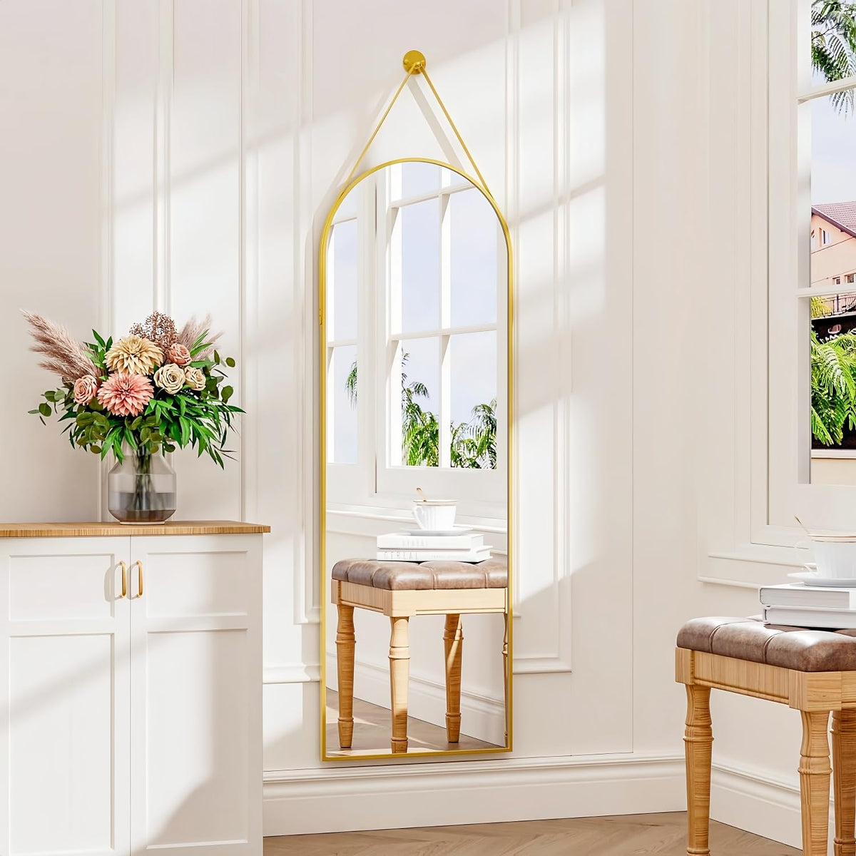 Dewfig 48"x16" Full Length Mirror, Oval Wall Mirror, Leather Strap, Gold