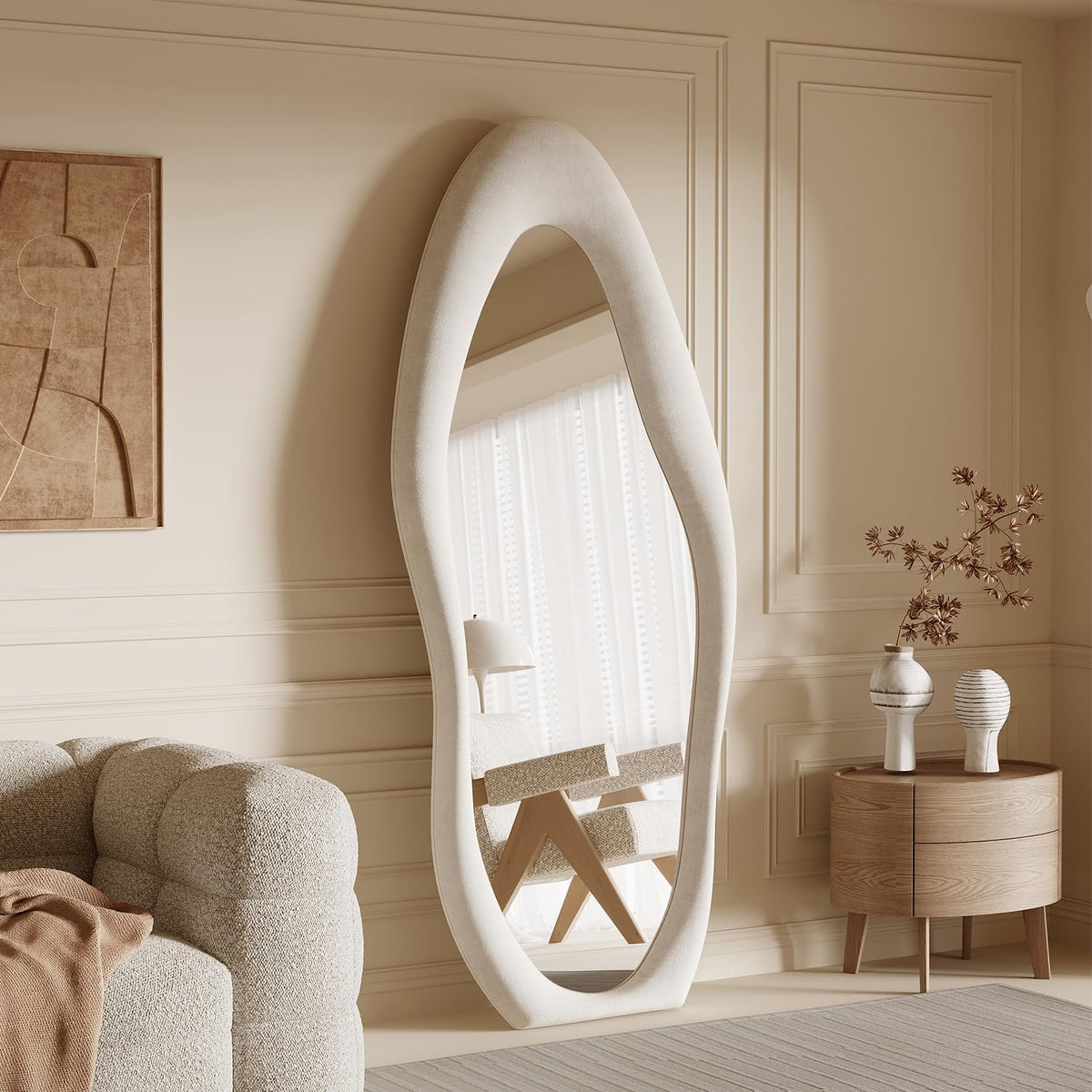 Honyee 55" x 24" Wall Mirror, Flannel Wrapped Wooden Frame Wavy Mirror, Irregular Mirror Hanging for Cloakroom/Bedroom/Living Room, Ivory White