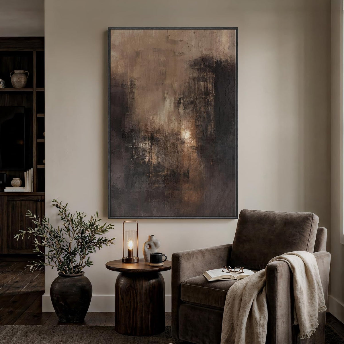 Extra Large Framed Brown Abstract Wall Art for Living Room, Vertical 40x60
