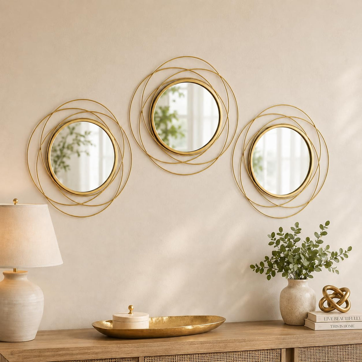 Boho Sunburst Wall Mirror Set of 3, 12 Inch Round Antique & Modern Metal Wall Art, Hanging Over The Door Mirrors for Wall Decor in Living Room, Bedroom, Bathroom, Entryway（Gold）