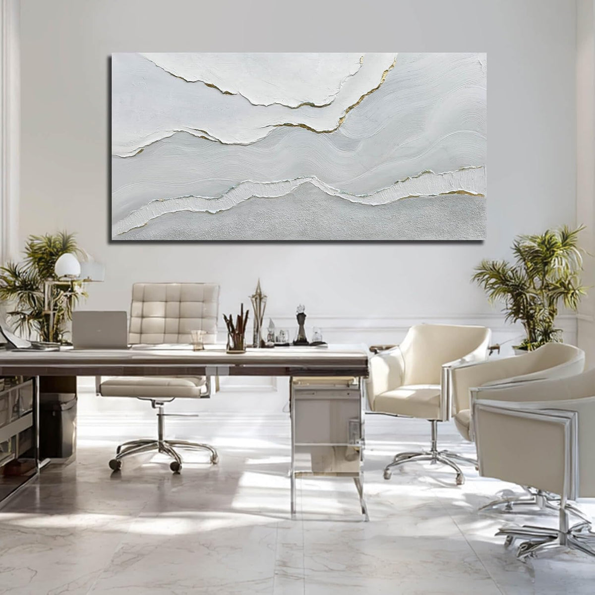 Framed Minimalist Wall Art Large Abstract Wall Decor White Artwork Gold Line Art for Bedroom Canvas Paintings for Living Room Office 29x58 Inch