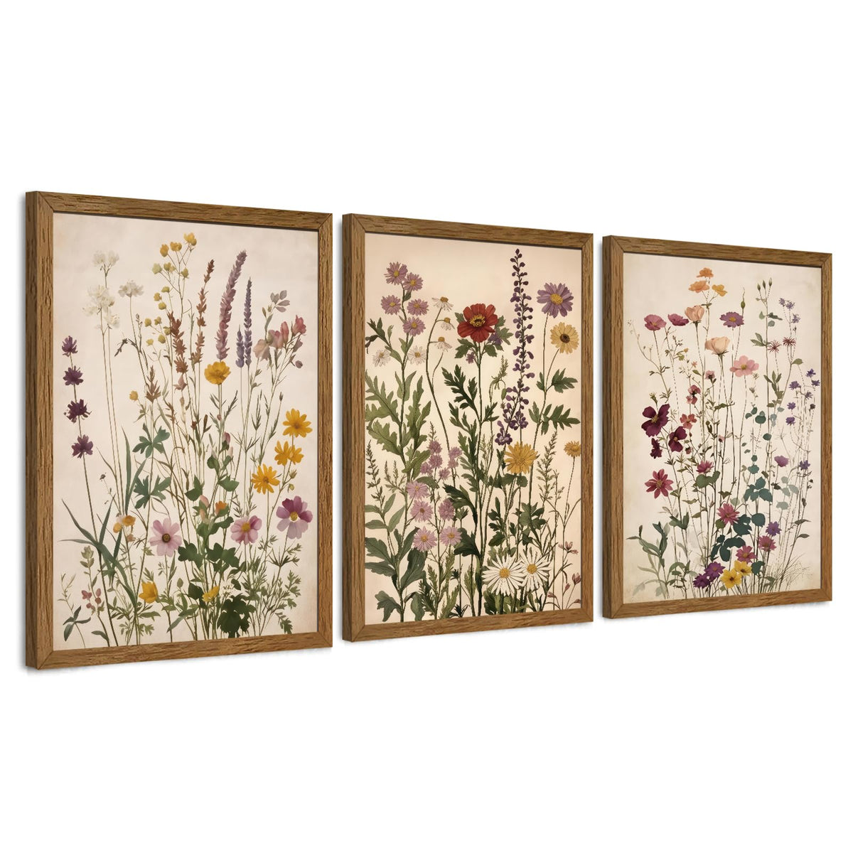 AVECCO 3 Piece Vintage Wildflower Botanical Framed Canvas Wall Art 12x16 in
