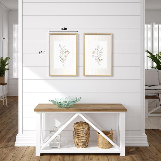 Msziryn Wood Framed Neutral Botanical Wall Art Set of 2, Beige Stripe Floral Poster Print, Minimalist Wildflower Bathroom Decor, Soft Cottagecore Farmhouse Artwork for Living Room Bedroom 12x16 Inch