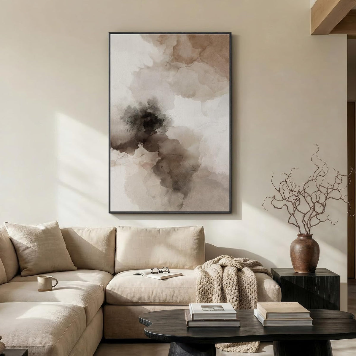 Extra Large Framed Brown Beige Abstract Wall Art for Living Room, 40x60 In