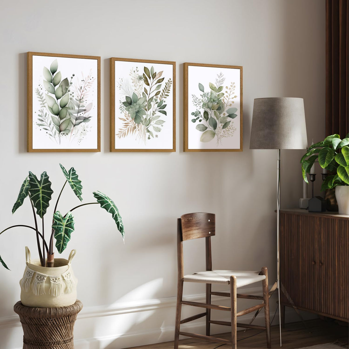 HLXRAE Neutral Sage Green Botanical Floral Wall Art, Wood Framed 12"x16"x3"