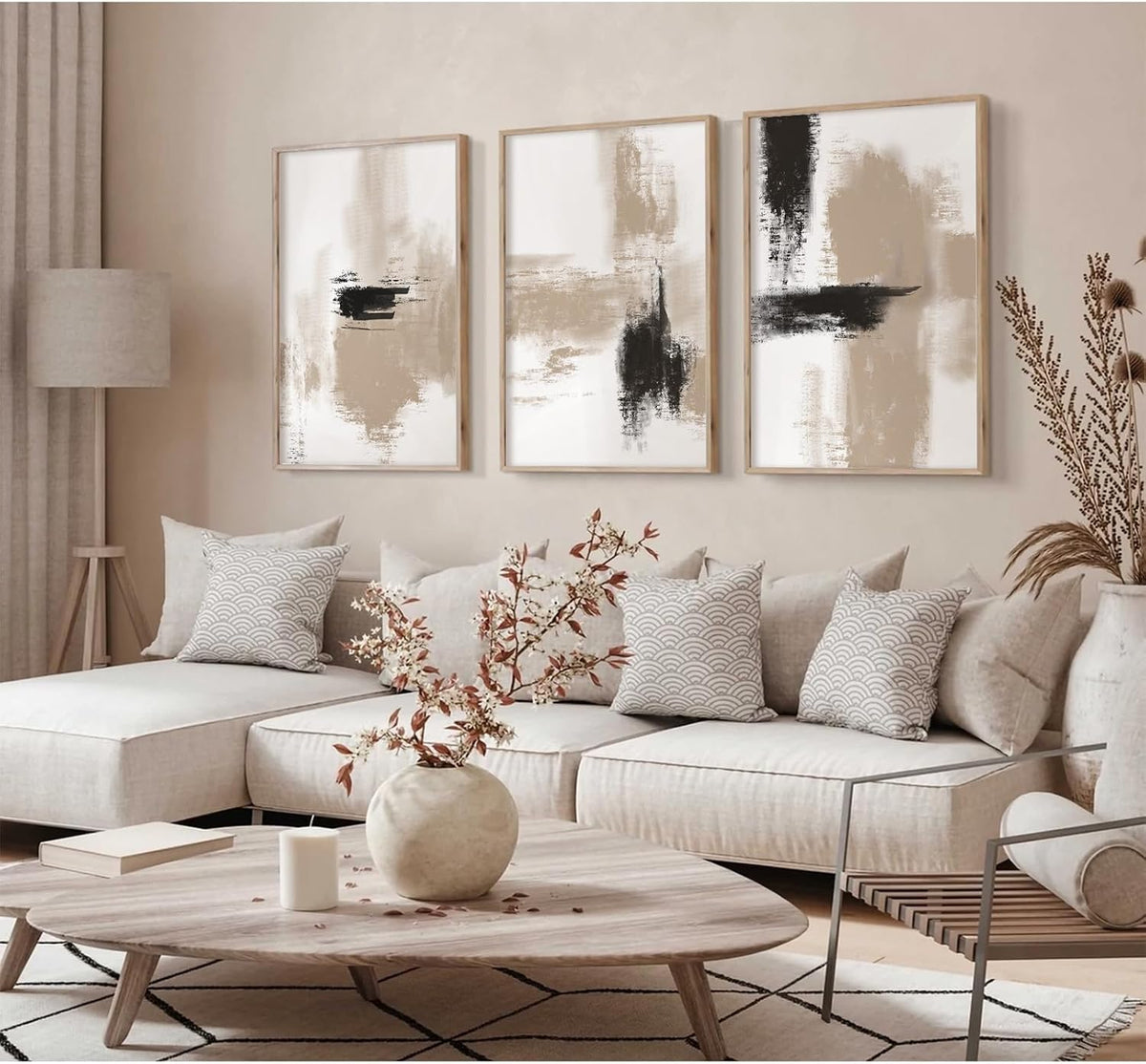 Joocrise Beige Abstract Wall Art Painting Set of 3 Neutral Canvas Wall Art Prints Black Beige Modern Wall Decor Minimalist Art Pictures Abstract Modern Artwork for Room Bedroom 16x24 Inch Unframed