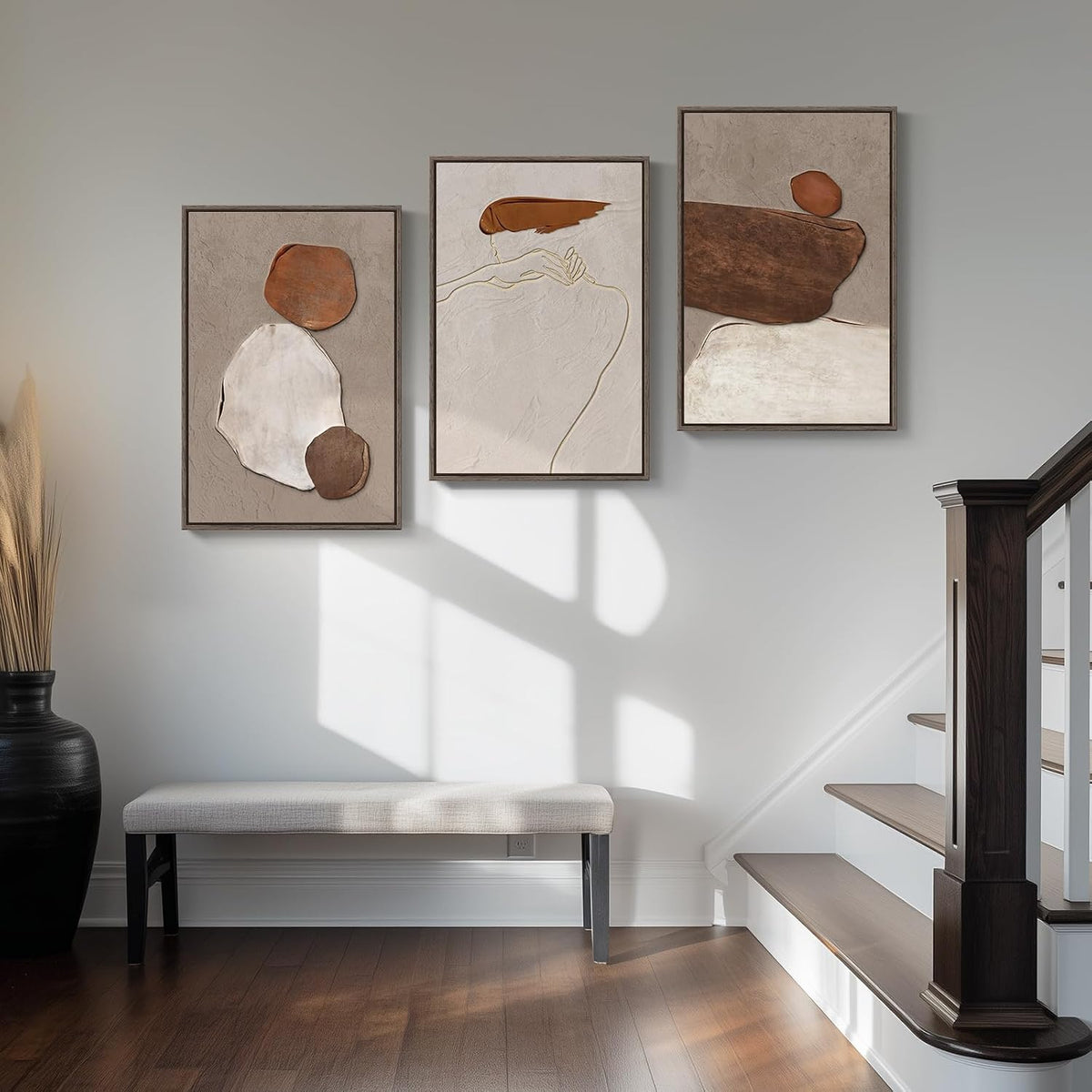 Framed Modern Rustic Neutral Abstract Wall Art, 3 Piece Set, Each 16x24 In