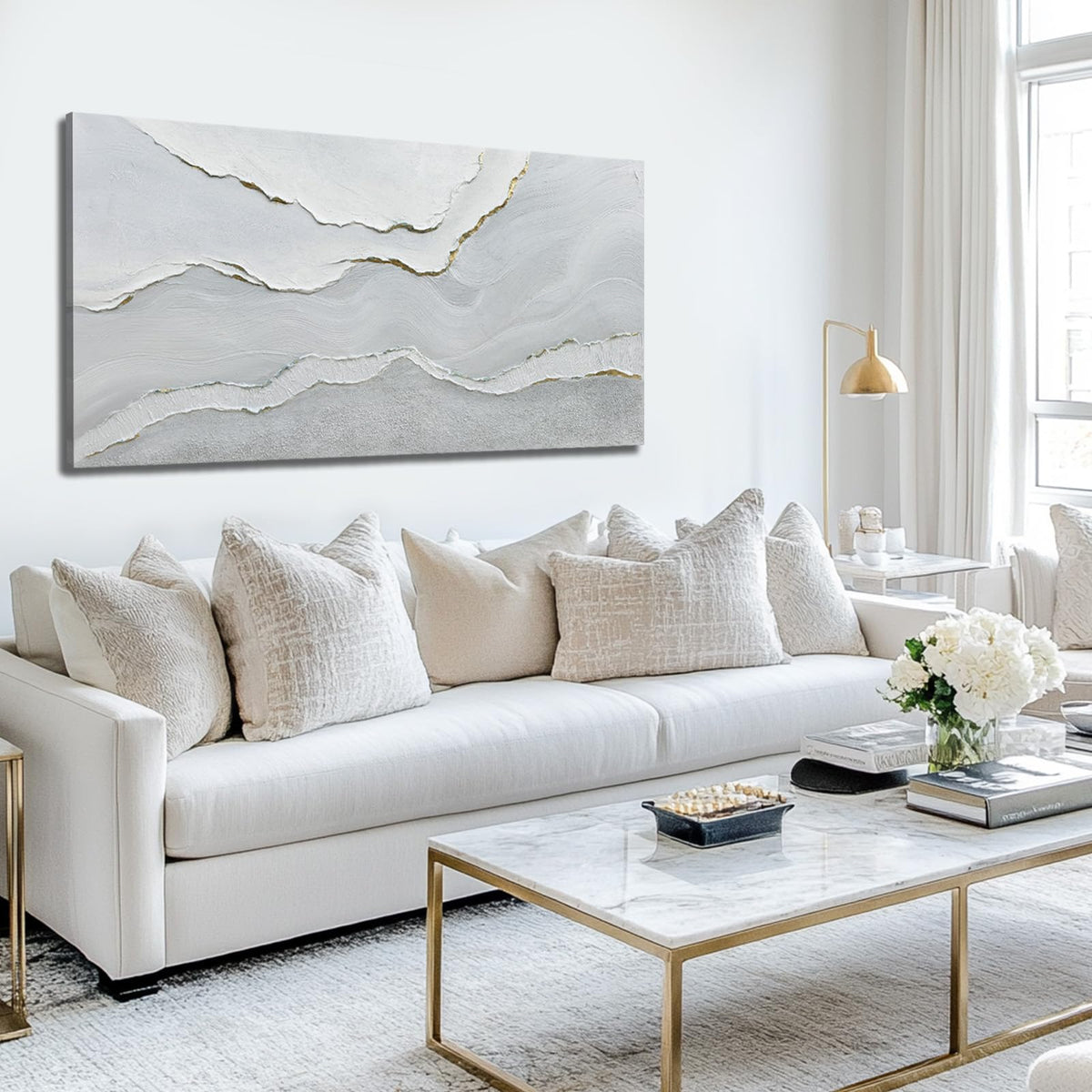 Framed Minimalist Wall Art Large Abstract Wall Decor White Artwork Gold Line Art for Bedroom Canvas Paintings for Living Room Office 29x58 Inch