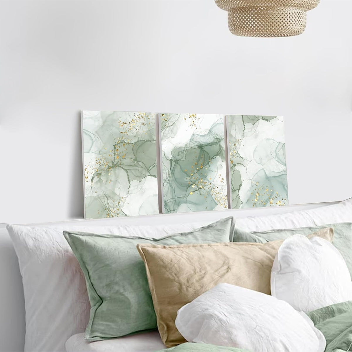 Sage Green Wall Art Set of 3,Abstract Green Wall Decor Living Room,Minimalist Modern Framed Wall Art Marble Line Beige Gold Green Canvas Artwork Paintings,Boho Room Decor,Bedroom Bathroom Office Artwork,12"x16"