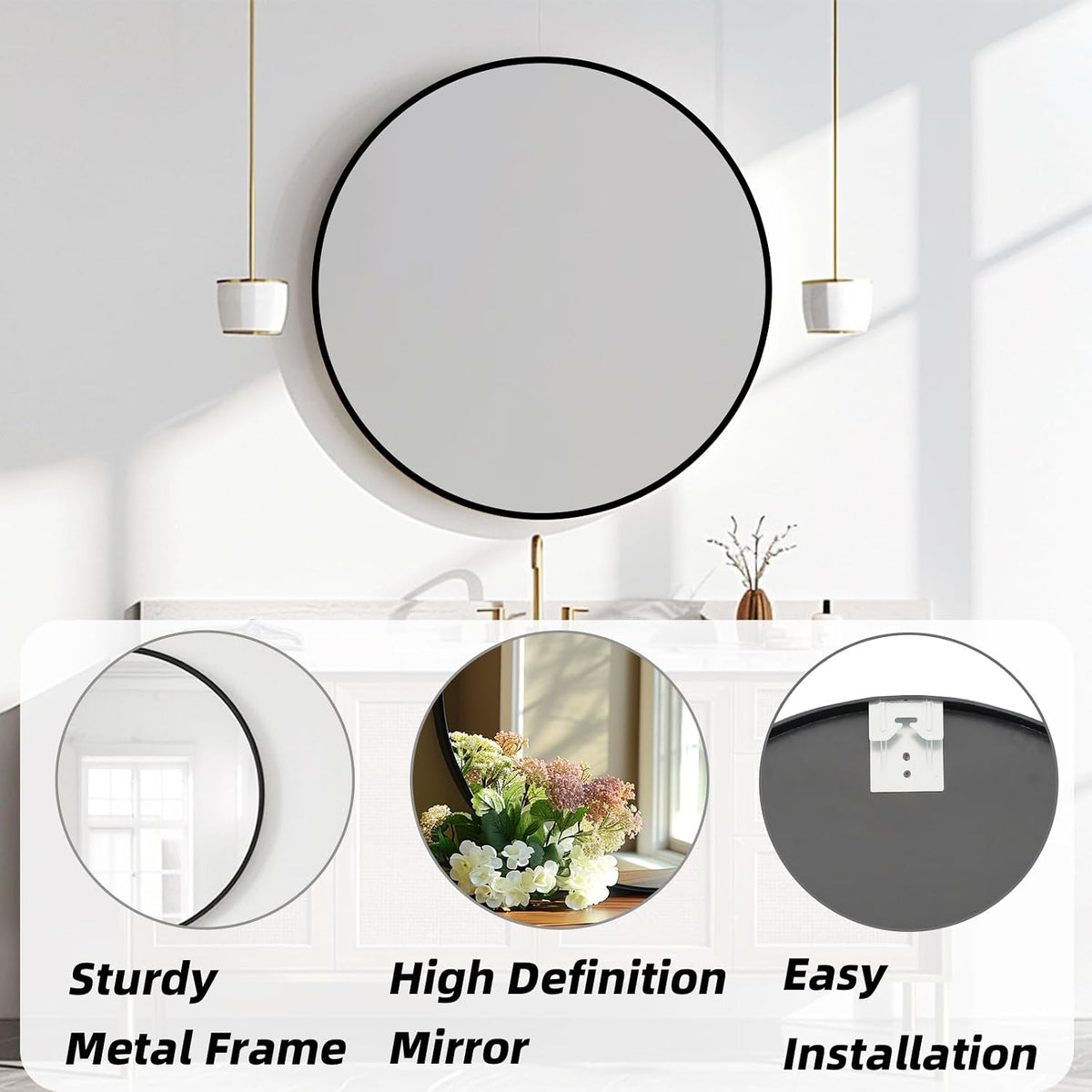 Round Mirror 30 inch, Circle Black Mirror, Matte Black Metal Frame
