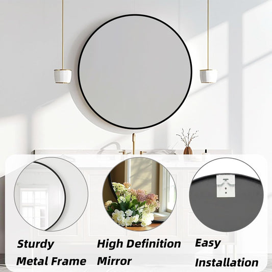 Round Mirror 30 inch, Circle Black Mirror, Matte Black Metal Frame