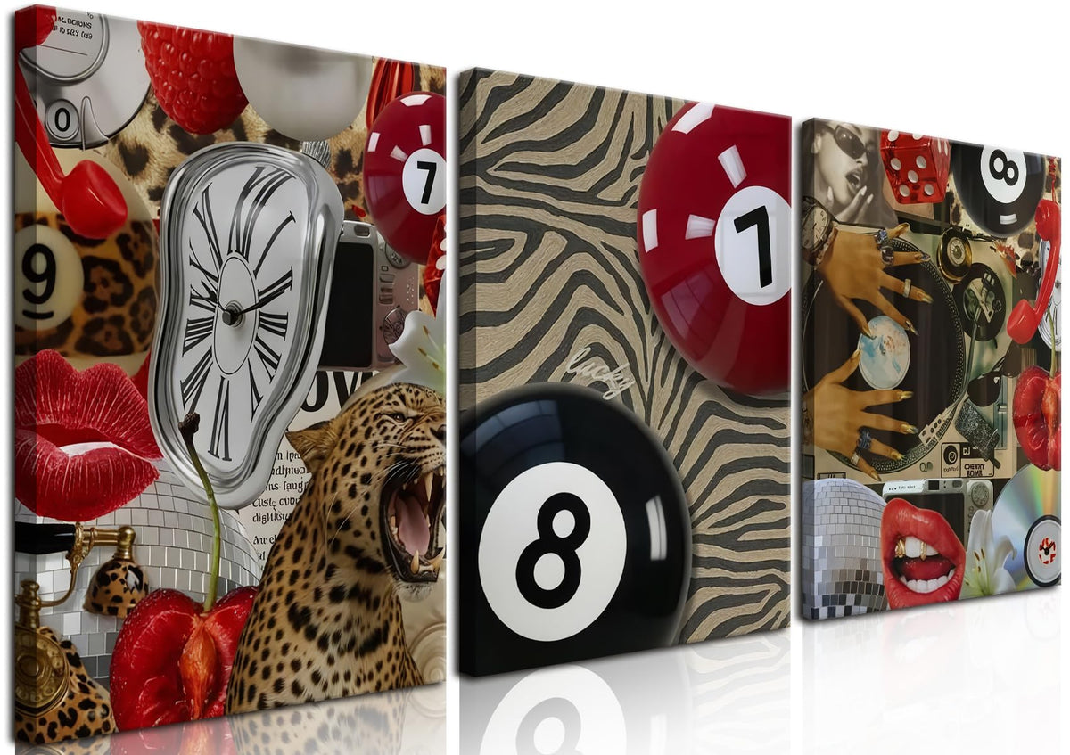 Fashion Cheetah Wall Art Set of 3 Leopard Wall Decor Pictures Lucky 8 Ball Poster Canvas Painting Prints Dark Red Cheetah Artwork for Bedroom Living Room Framed 16x24 inch