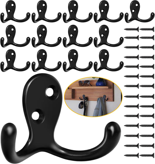 Homanu 14 Pack Black Coat Hooks Wall Mounted Double Prong with 28 Screws