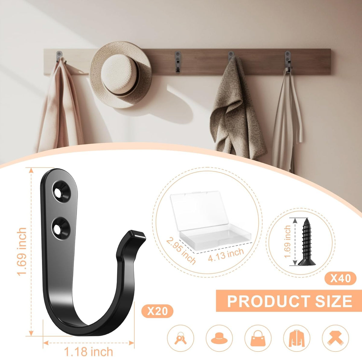 BREYDROK 20-Pack Coat Hooks for Hanging, Heavy Duty Black Metal Wall Hooks
