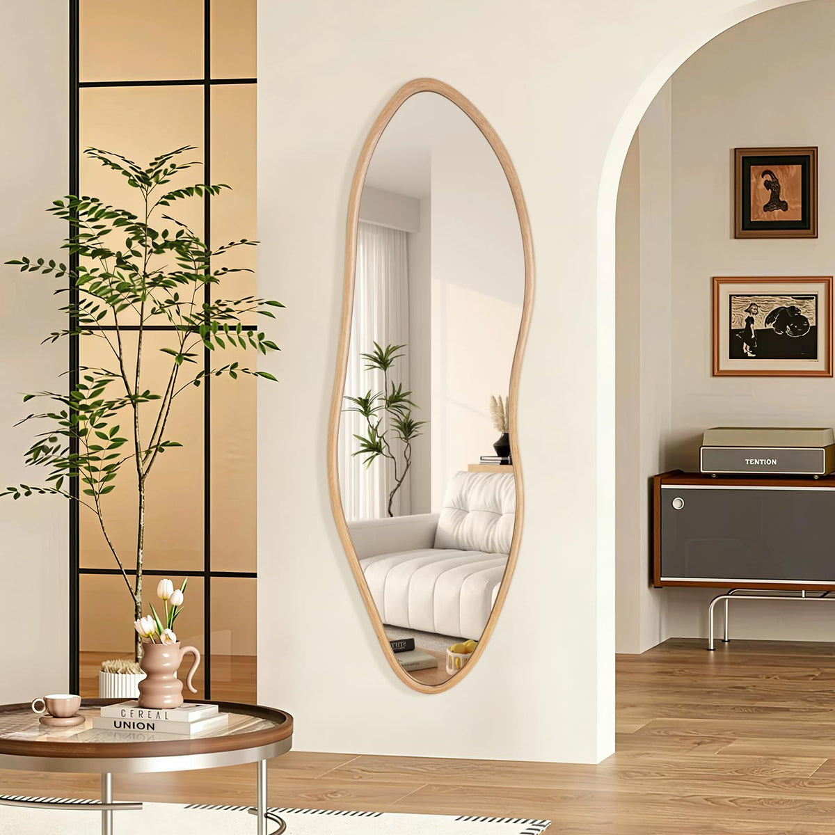 Irregular Full Length Mirror, 65"x22" Wood Full Body Mirror Walnut