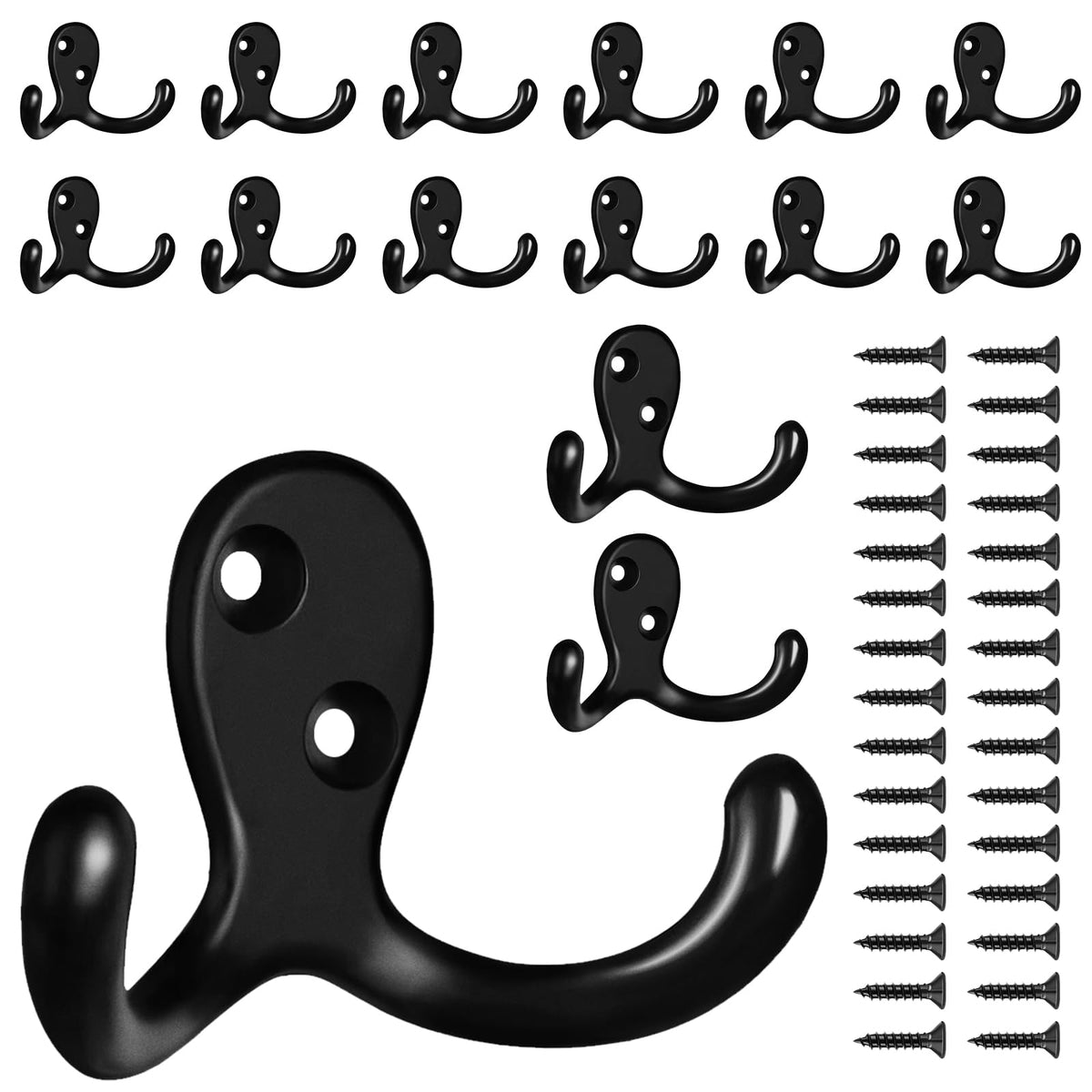 15 Pack Coat Hooks Wall Hooks for Hanging, Heavy Duty Double Prong Metal Hook Wall Mounted for Living Room, Bathroom, Kitchen, Bedroom for Coat, Bag, Scarf, Towel, Hat, Key, Cup (Black)
