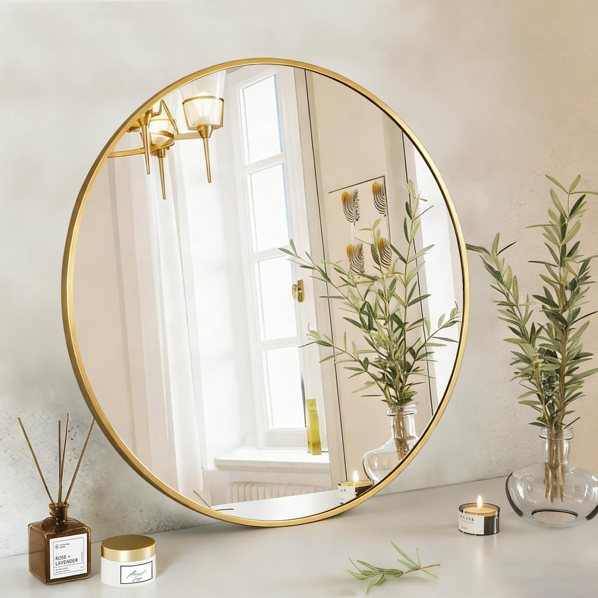 NEWBULIG 20X30 Inch Arched Bathroom Wall Mirror for Over Sink, Gold