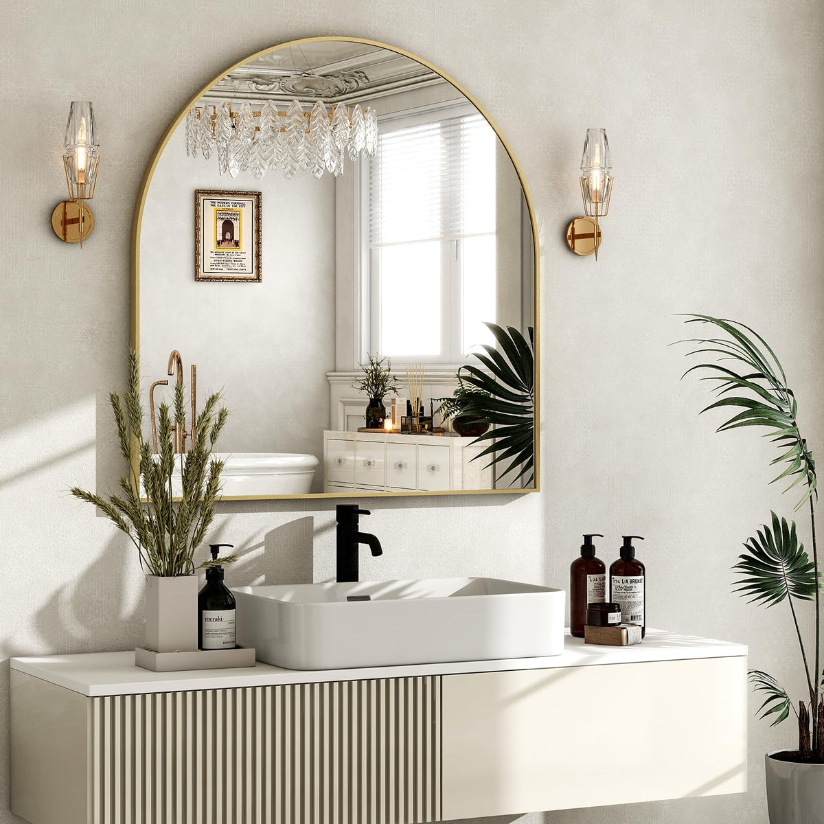 HARRITPURE Arched Wall Mirror 24"x36" Black Metal Frame Vanity Mirrors