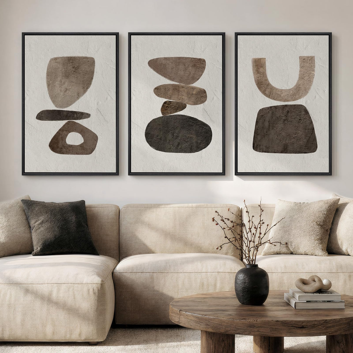 Framed Modern Rustic Neutral Abstract Wall Art, 3 Piece Set, Each 16x24 In