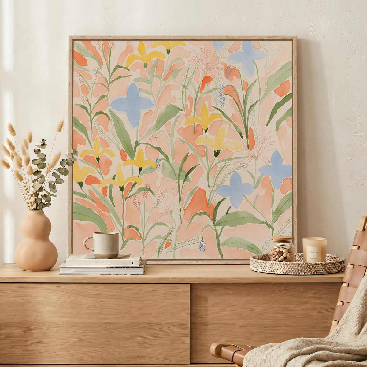 Large Framed Boho Abstract Brown Floral Wall Art for Living Room, 24x36 In