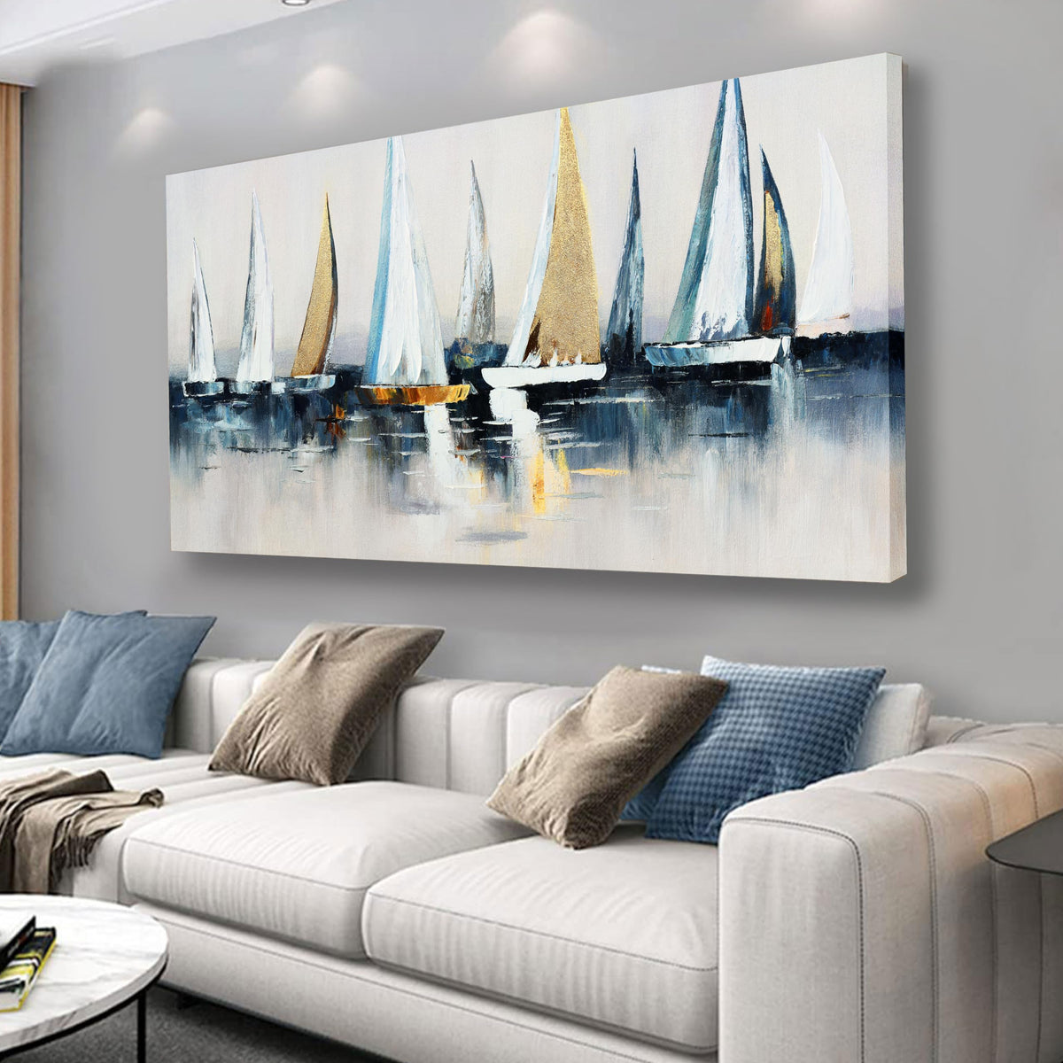 VHMING Abstract Wall Art Wall Decor Blue and Gray White Modern Canvas Wall Paintings Abstract Artwork for Living Room Bedroom Bathroom Office Home Decor Can Be Hung Directly 20"x 40"