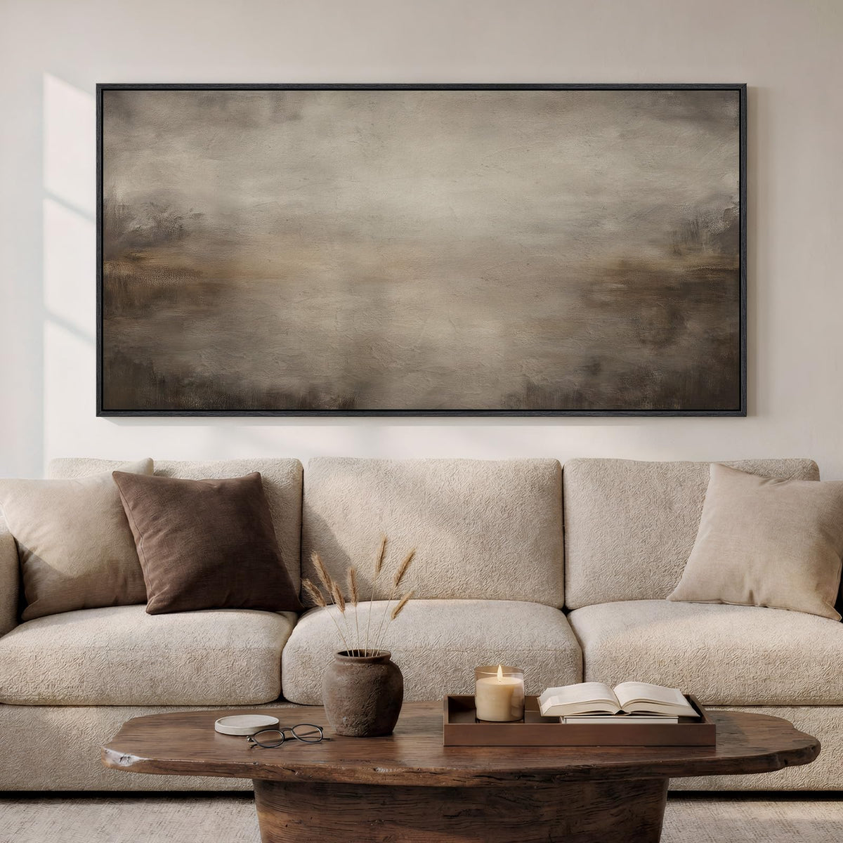 Large Framed Neutral Abstract Wall Art for Living Room, Horizontal 30x60 In