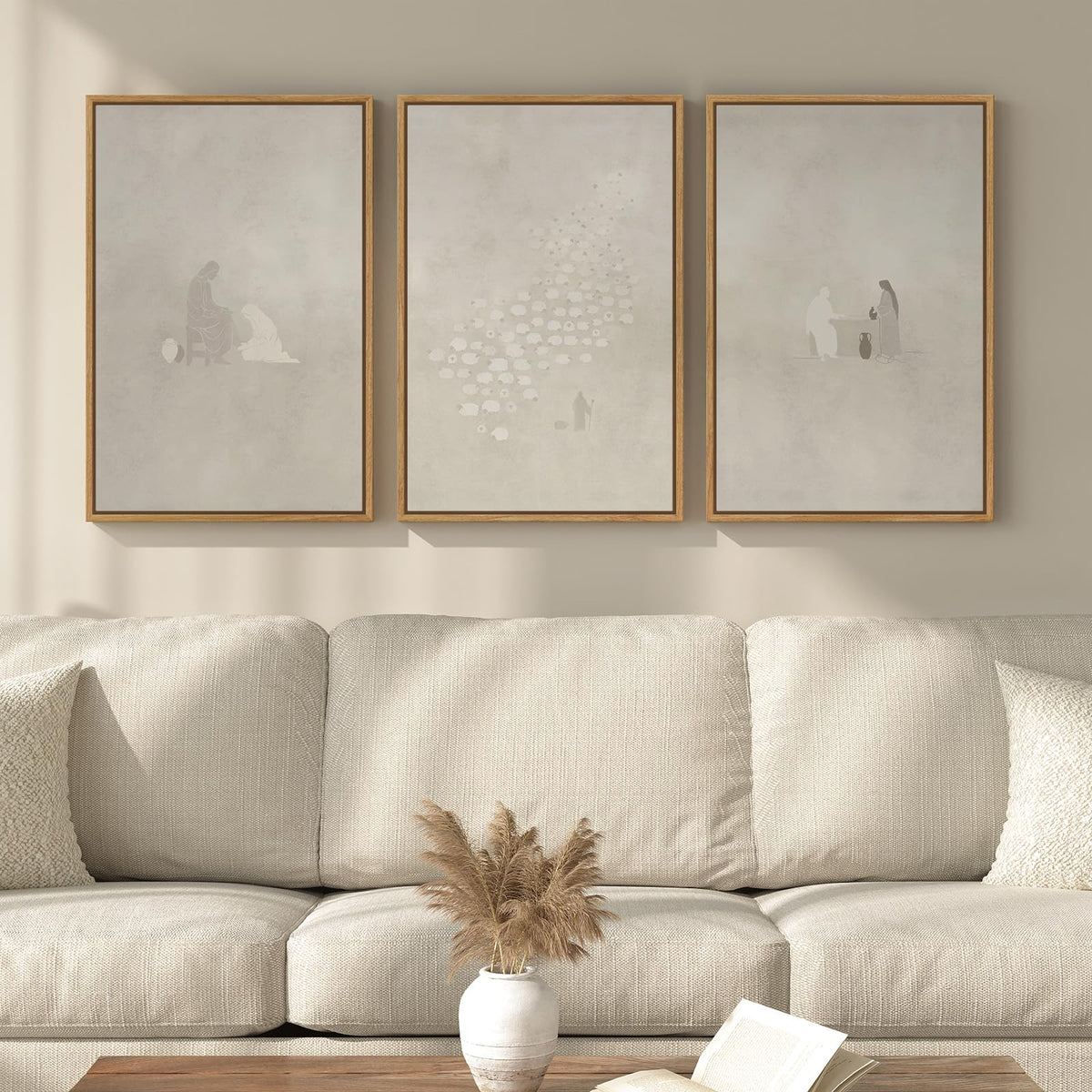Framed Neutral Christian Jesus Canvas Wall Art for Living Room, 3 Piece