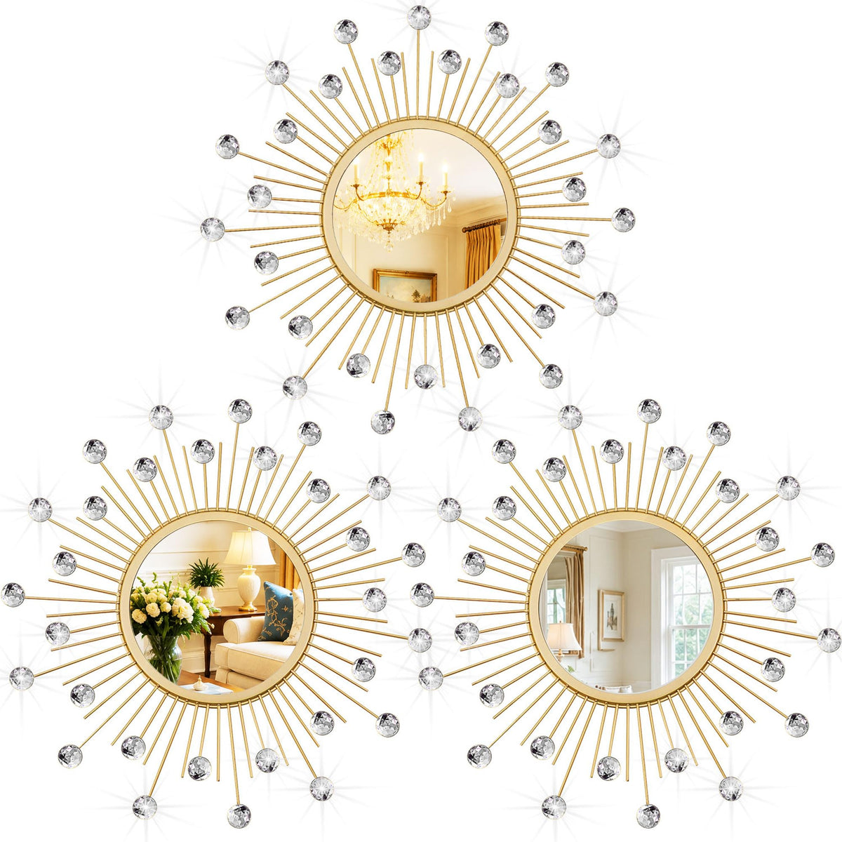 3 Pack Metal Mirrors for Wall Gold Sunburst Wall Mirror Home Decor Accent