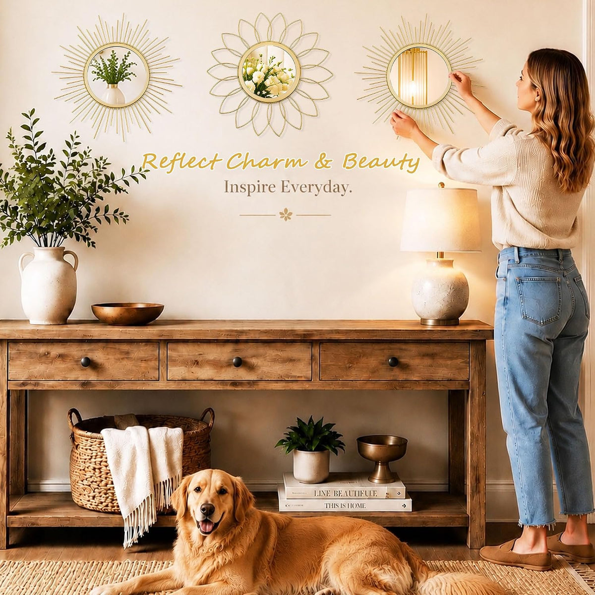 3 Pack Metal Mirrors for Wall Gold Sunburst Wall Mirror Home Decor Accent