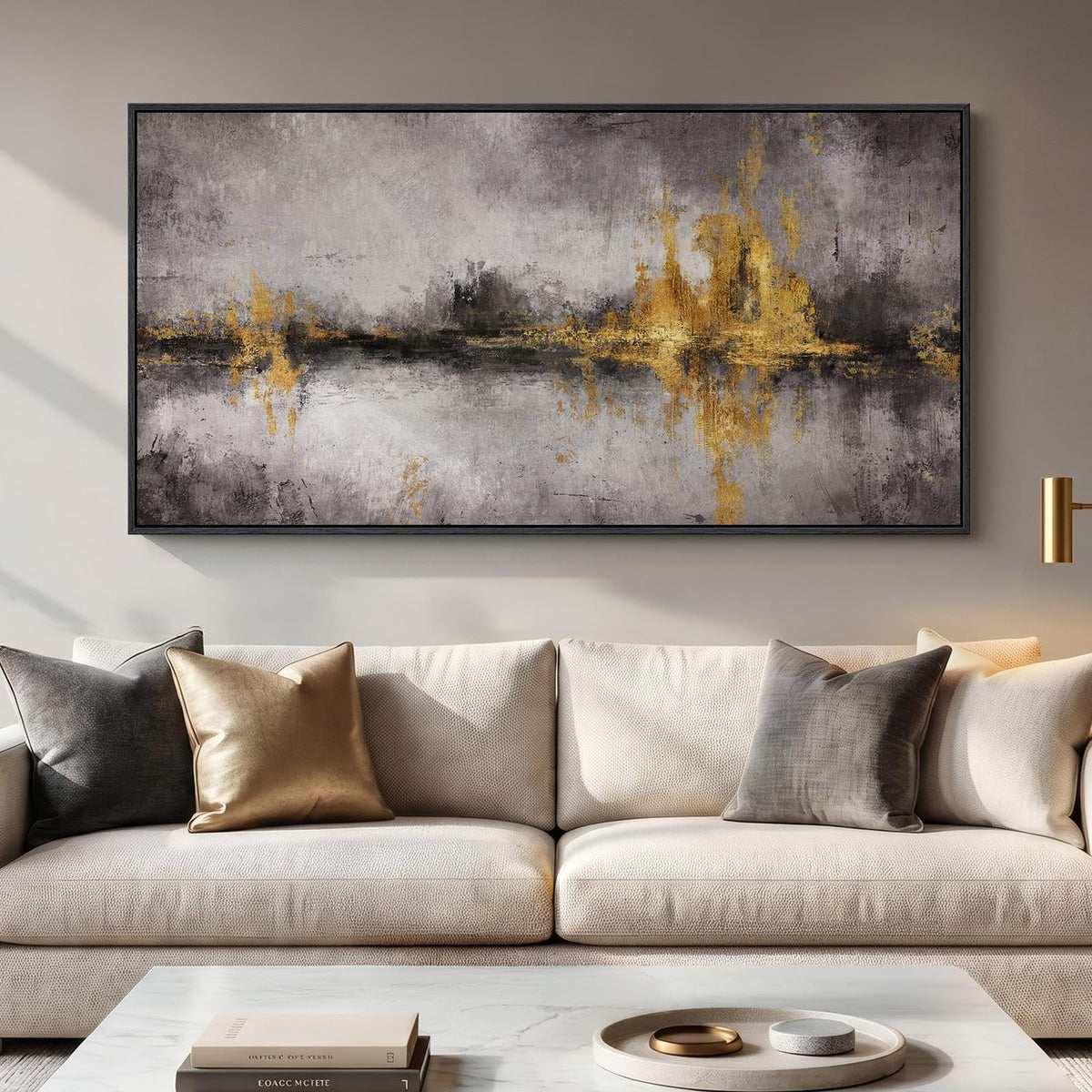 Large Framed Neutal Abstract Landscape Wall Art for Living Room, 60x30 In