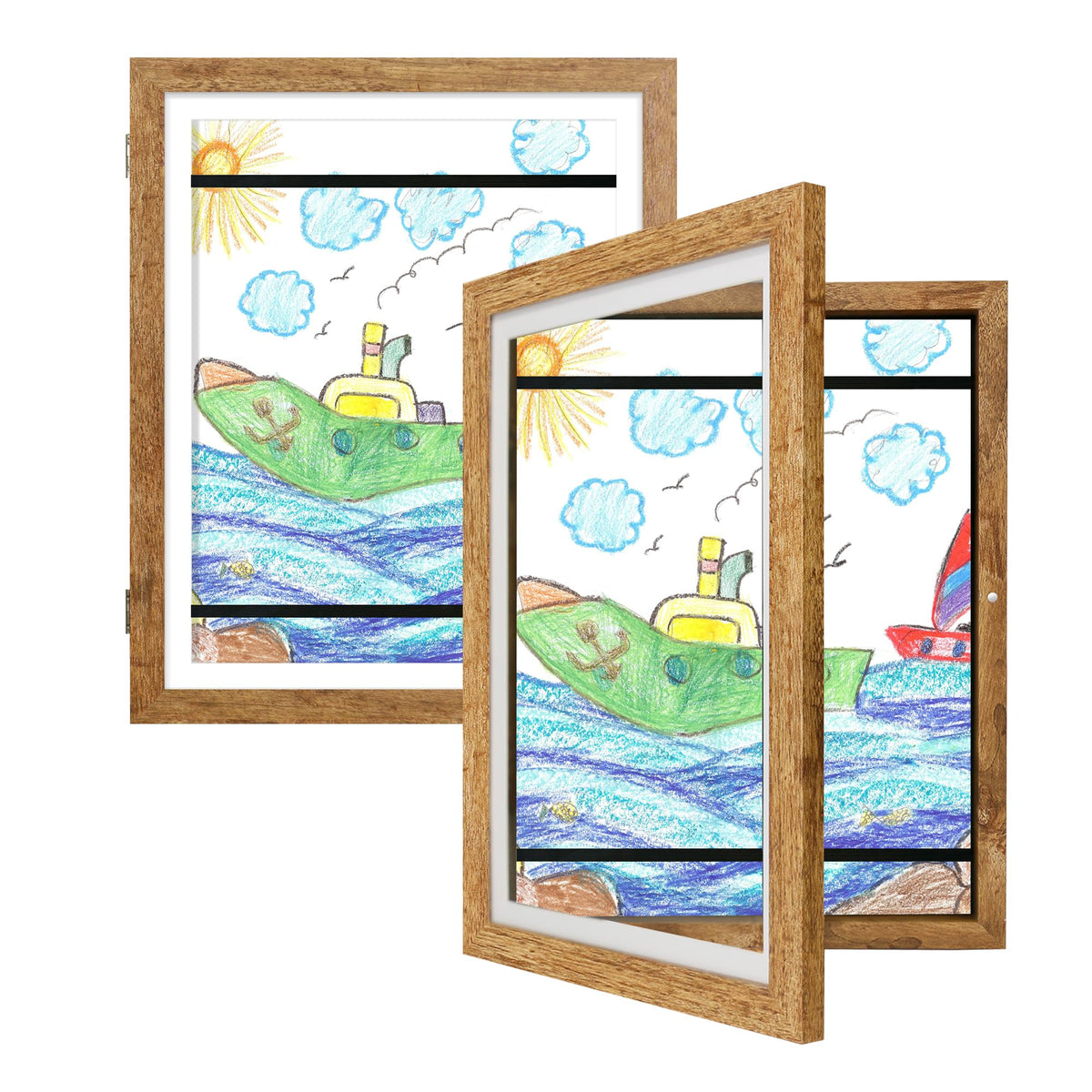 iRahmen Kids Art Frames 8.5x11 Set of 2 - Front Opening Childrens Picture Frame Changeable, Wood Artwork Display Storage for Wall Mount, Magnetic Door Holds 50 Art Pieces for Drawings, 3D Picture, Crafts, Portfolio, Brown