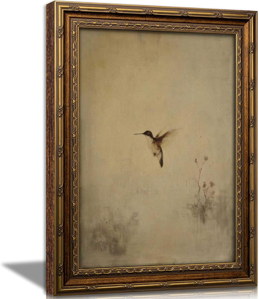 Vintage Gold Framed Hummingbird Wall art, Antique Flying Bird Oil Painting Canvas Print, Rural Nature Cottagecore Wall Decor, Rustic Farmhouse Pciture Poster Artwork for Living Room Bedroom Bathroom