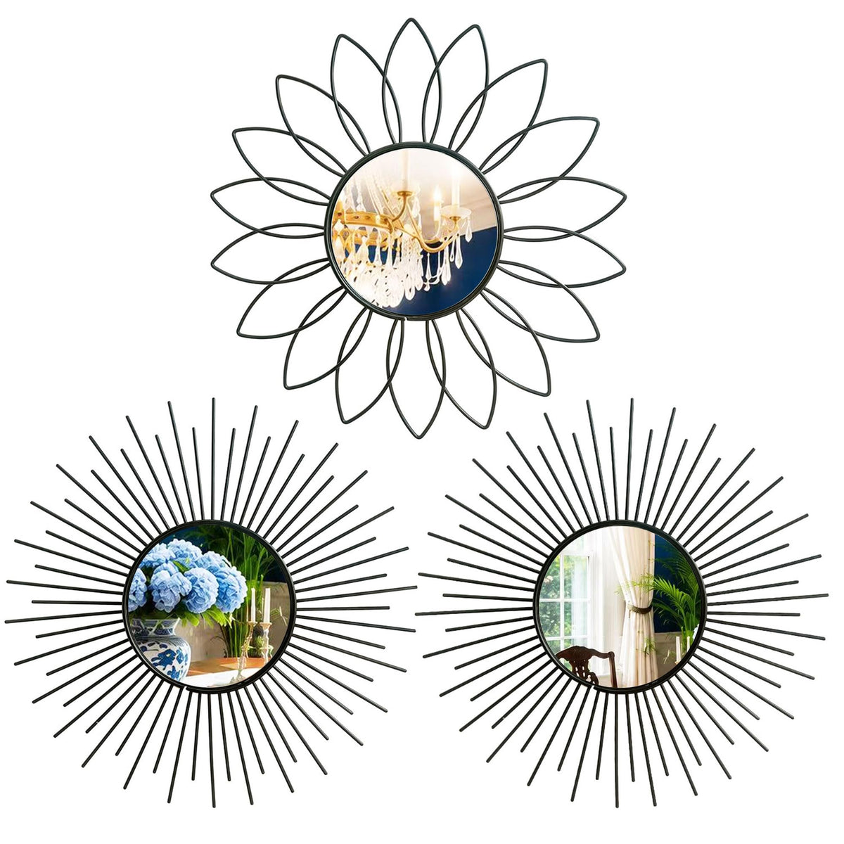 3 Pack Metal Mirrors for Wall Gold Sunburst Wall Mirror Home Decor Accent